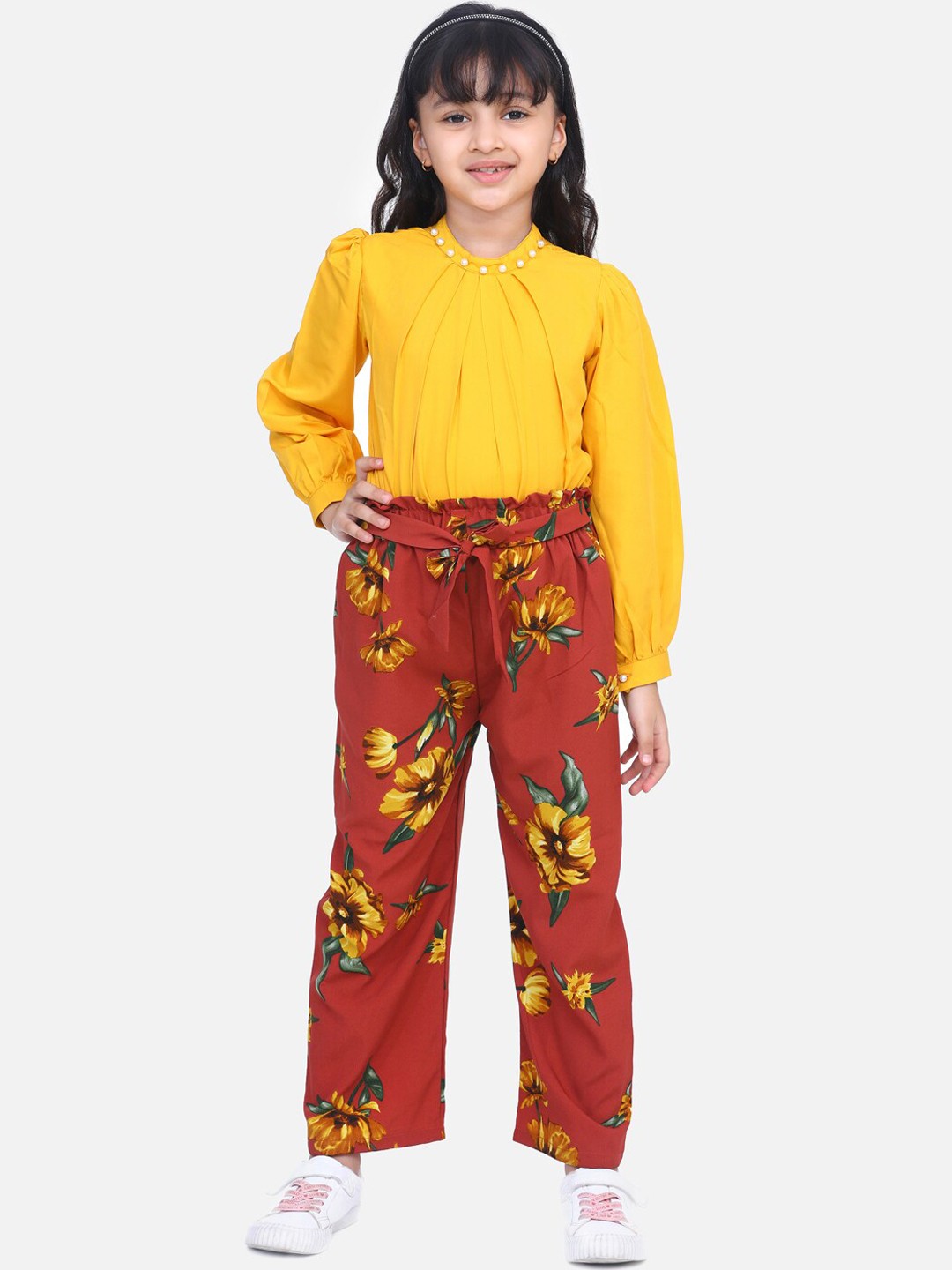 

Cutiekins Girls Mustard Yellow & Brown Solid Pearl Top & Floral Print Palazzo Set