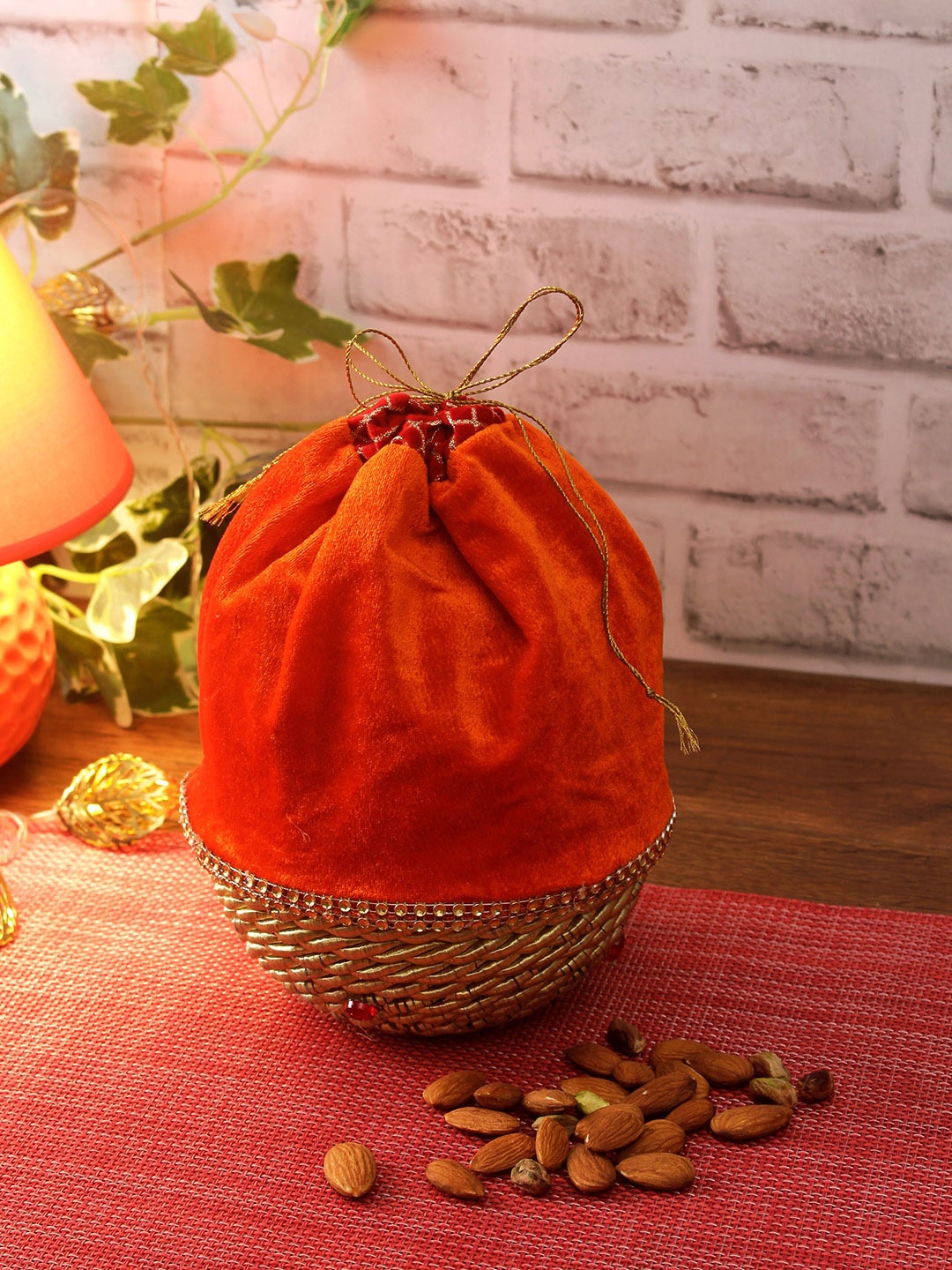 

Aapno Rajasthan Orange & Gold-Toned Woven-Design Fabric Multipurpose Basket