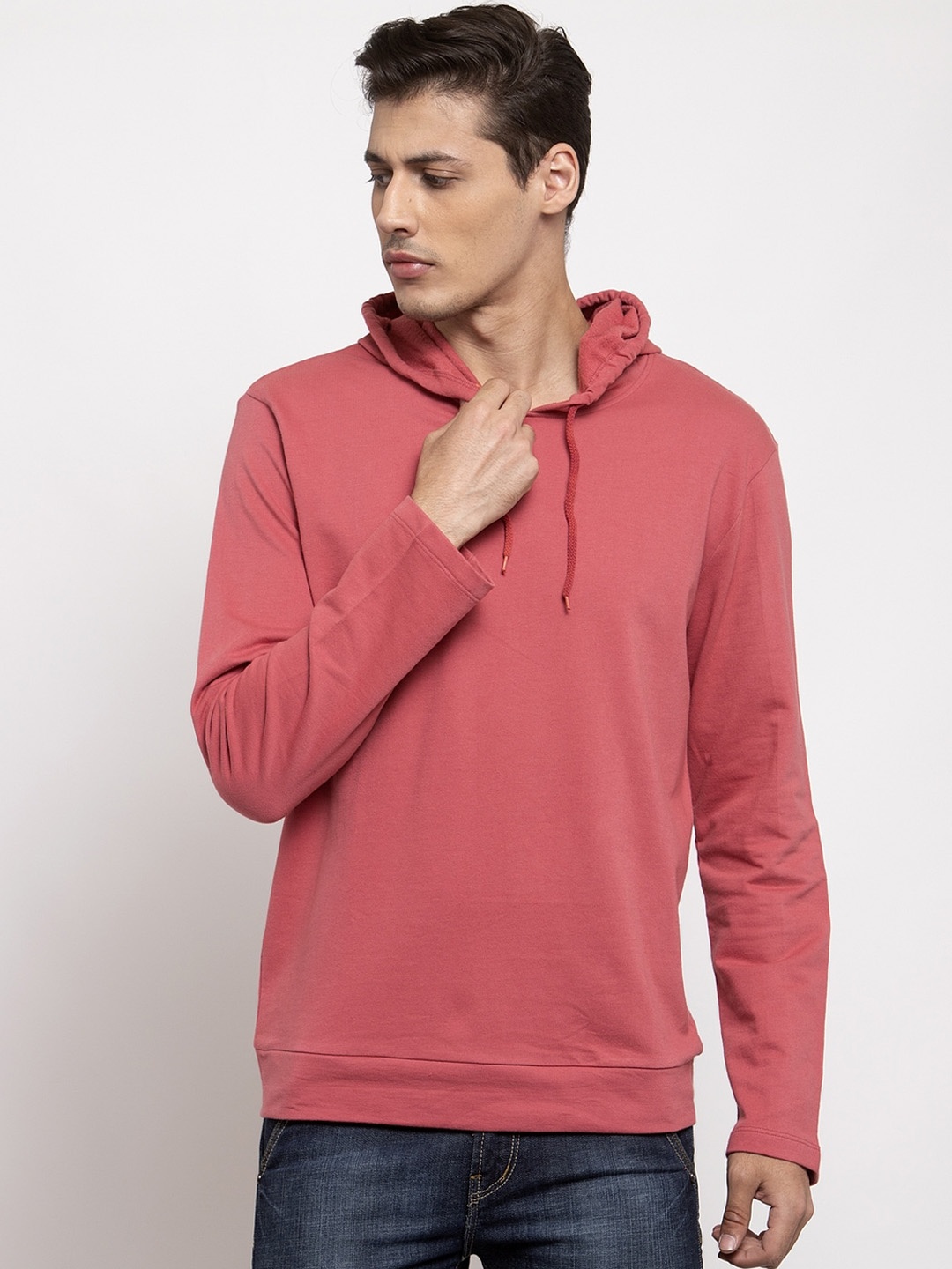 

DOOR74 Men Pink Solid Hooded Sweatshirt