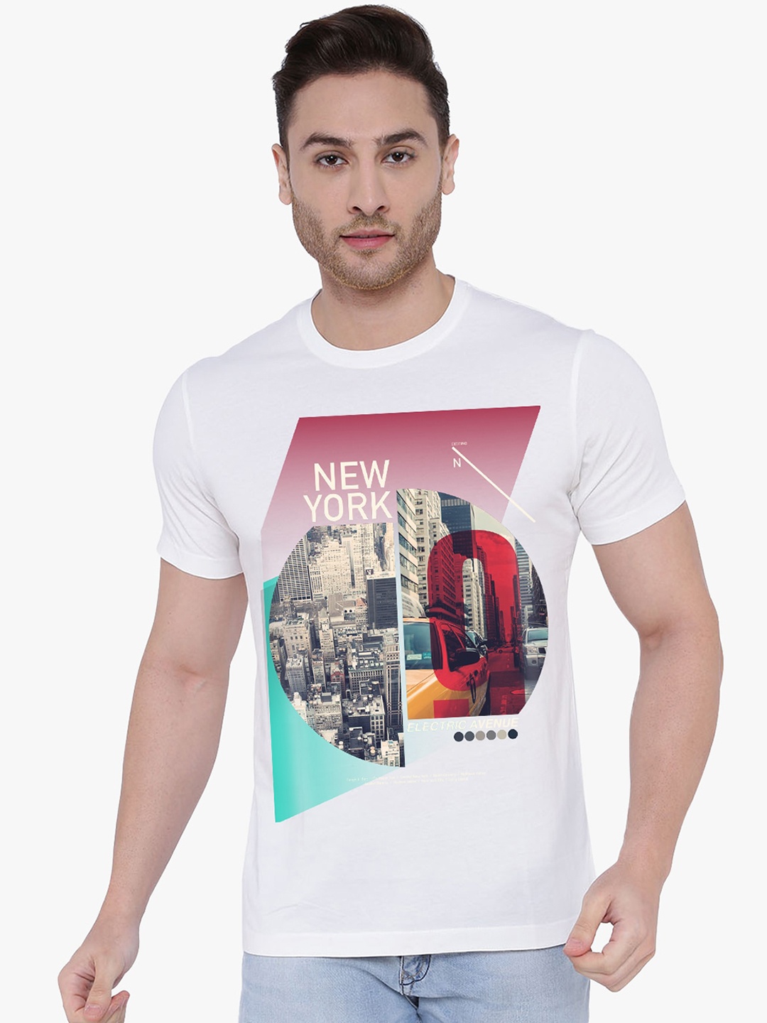 

THREADCURRY Men White Printed Round Neck T-shirt