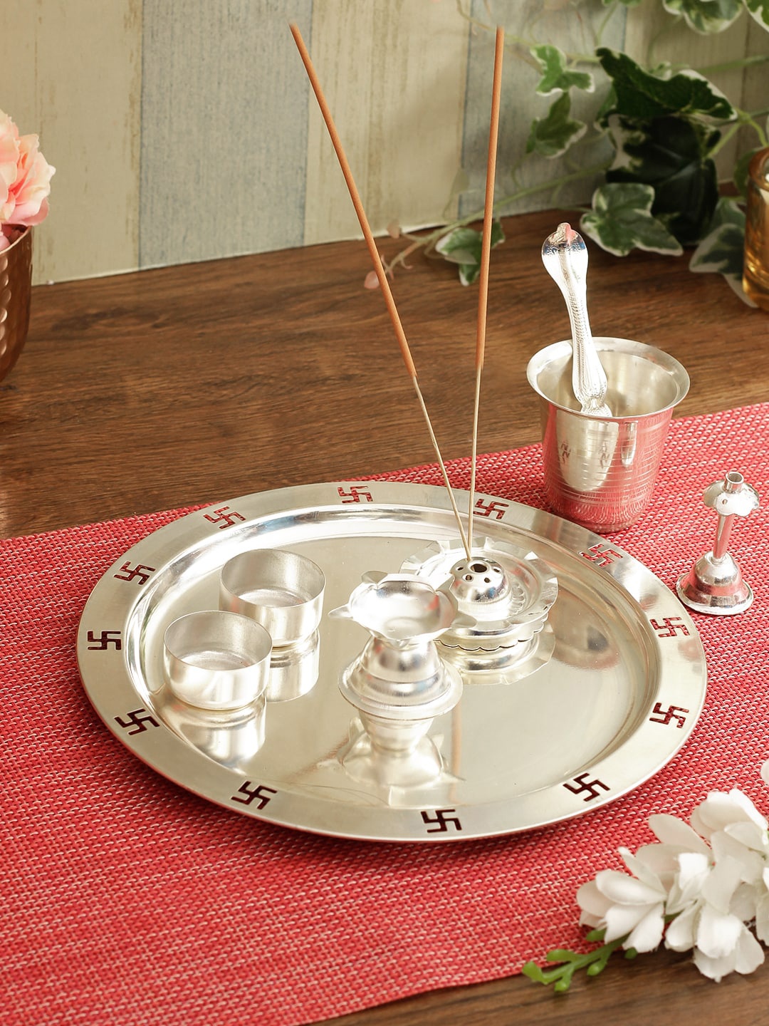 

Aapno Rajasthan 8 Pcs Silver-Plated Stainless Steel Pooja Thali Set