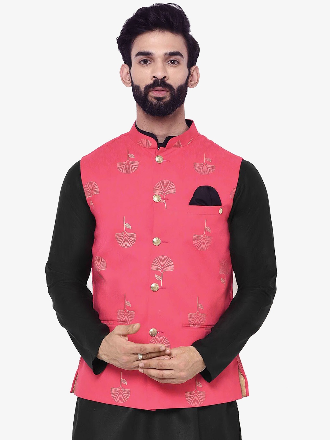 

KISAH Men Pink & Gold-Coloured Printed Nehru Jacket