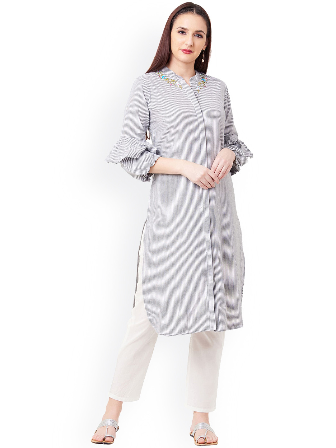 

IMARA Women Grey & White Striped A-Line Kurta