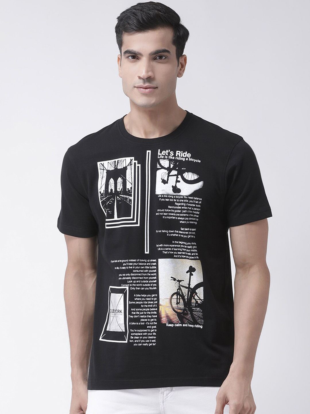 

Club York Men Black & White Printed Round Neck T-shirt