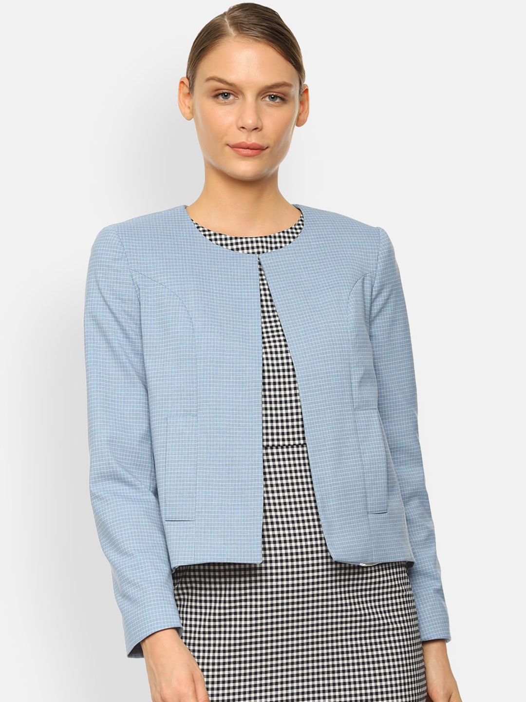 

Van Heusen Woman Blue Checked Open-Front Blazer
