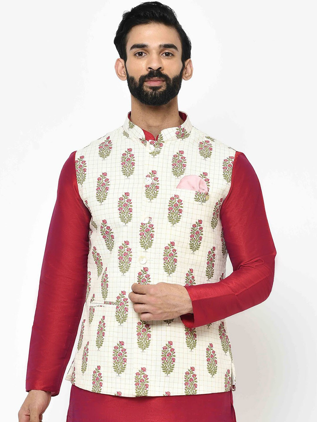 

KISAH Men White & Green Printed Nehru Jacket