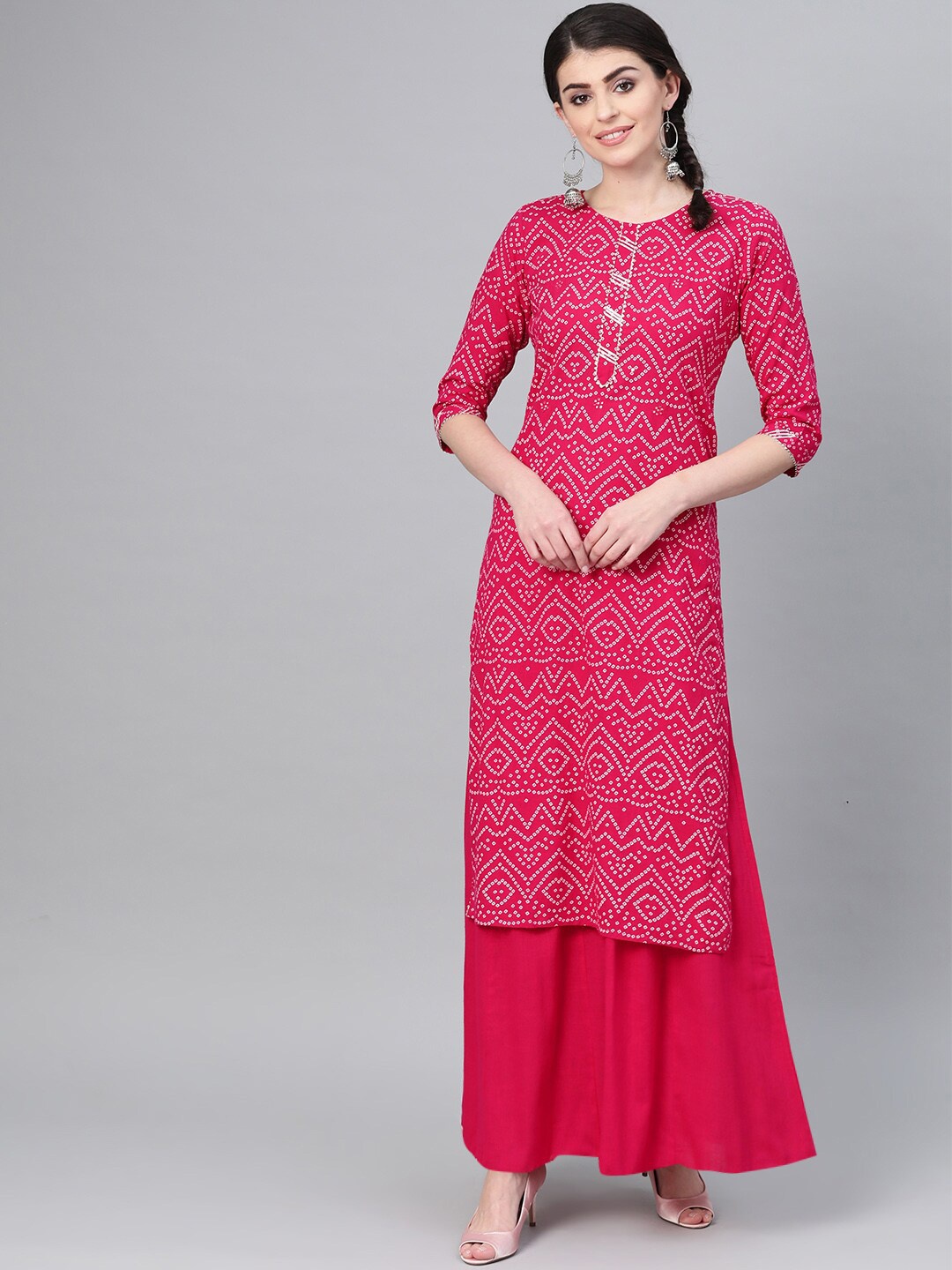 

Ishin Women Pink & Off-White Printed A-Line Kurta