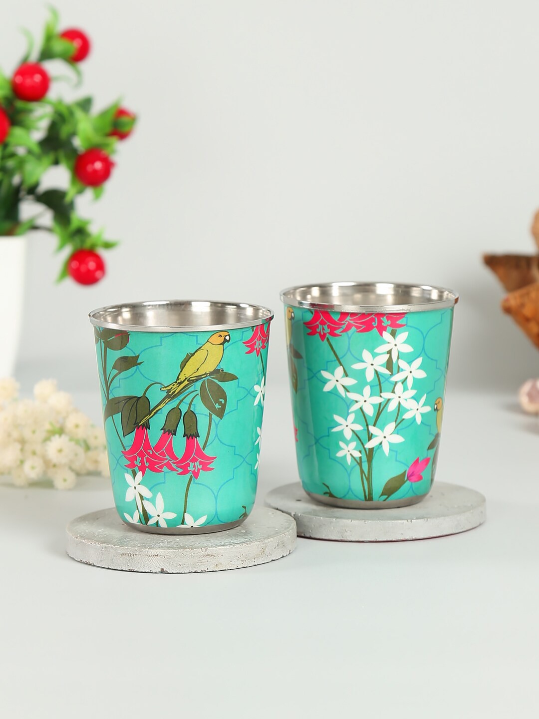 

India Circus by Krsnaa Mehta 2 Pieces Green Printed Parrot & Blooms Steel Glasses