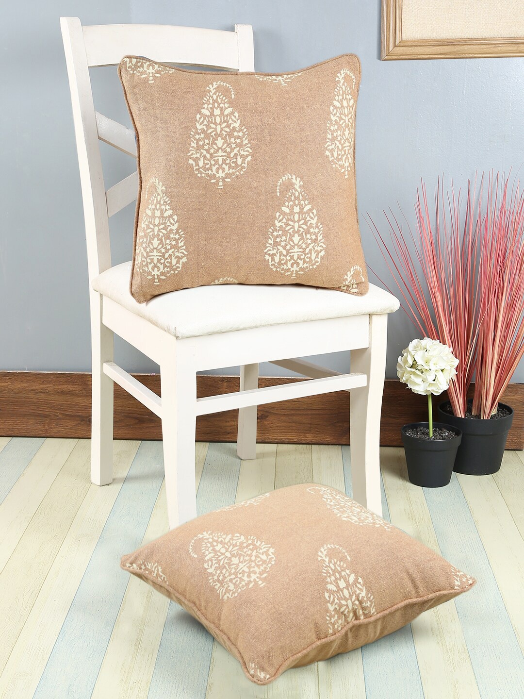 Soumya Beige Set of 2 Ethnic Motifs Square Cushion Covers