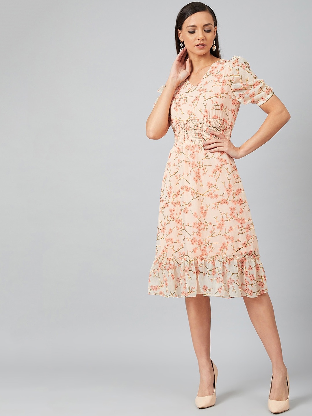 

Athena Women Peach-Coloured Floral Printed Fit and Flare Dress
