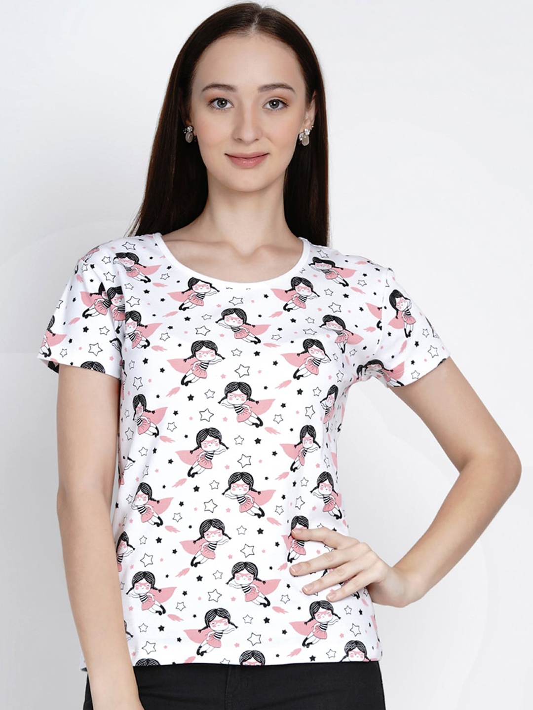 

berrytree Women White & Pink Printed Round Neck Sustainable T-shirt