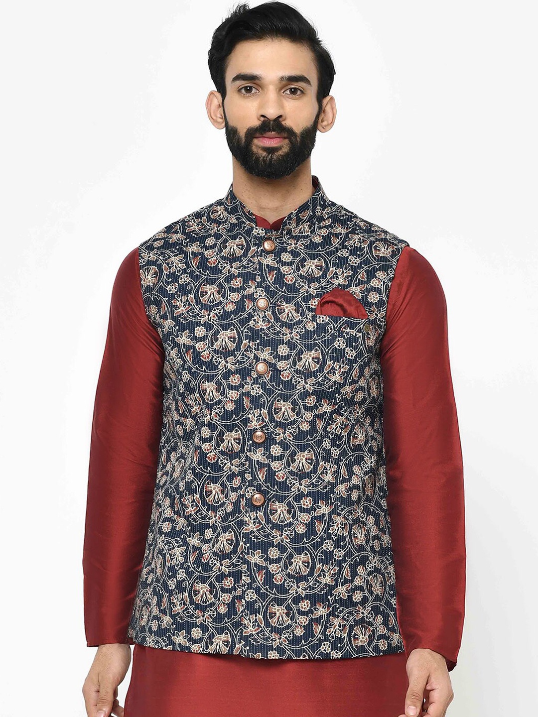 

KISAH Men Navy Blue & Brown Printed Nehru Jacket