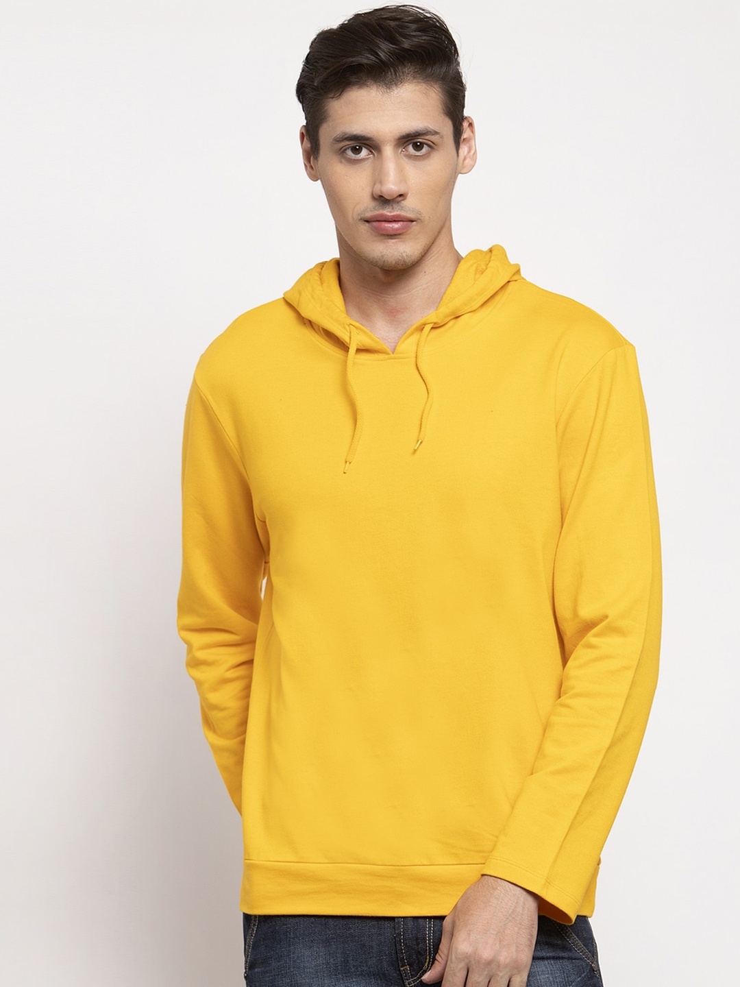

DOOR74 Men Yellow Solid Hooded Sweatshirt