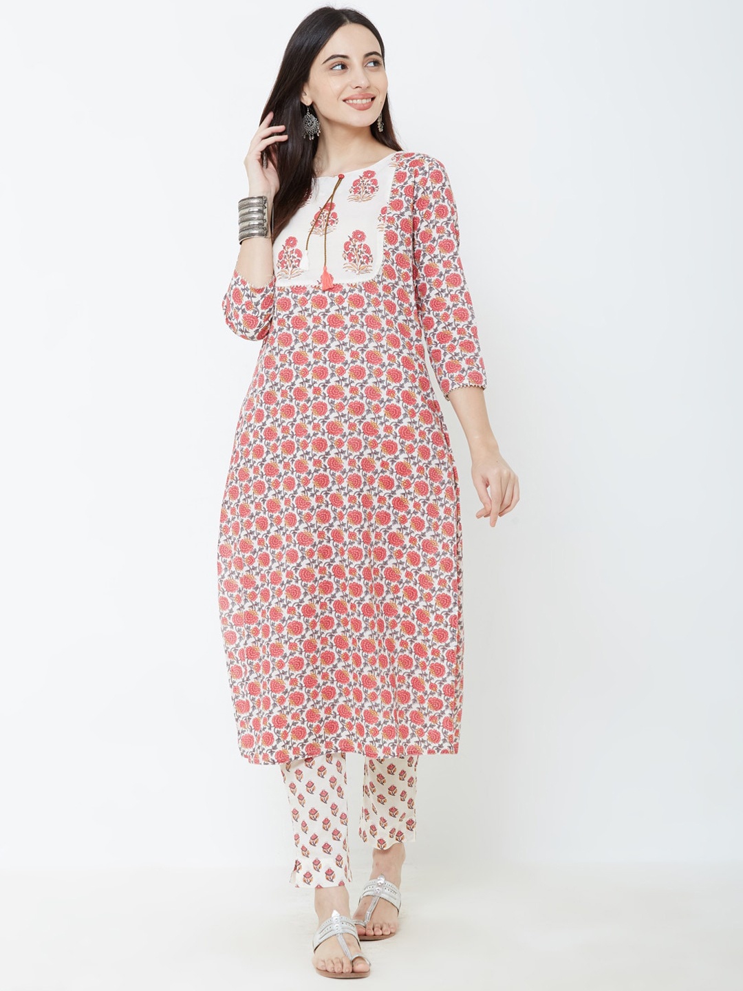

FASHOR Women White & Red Printed Kurta with Trousers