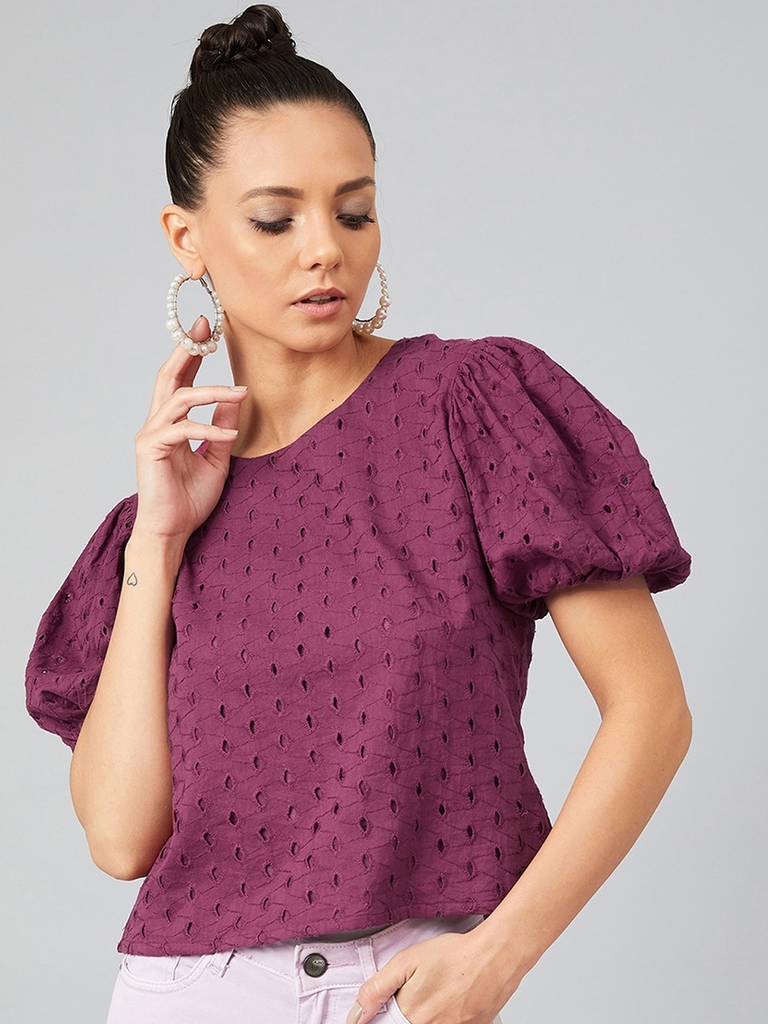 Athena Women Purple Self Design Pure Cotton Top
