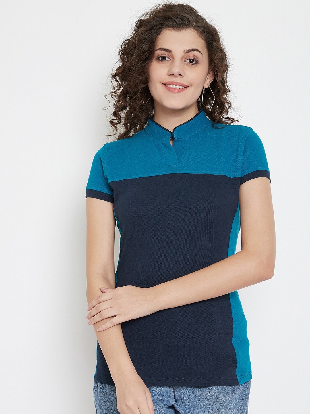 

JUMP USA Women Navy Blue & Blue Colourblocked Mandarin Collar T-shirt