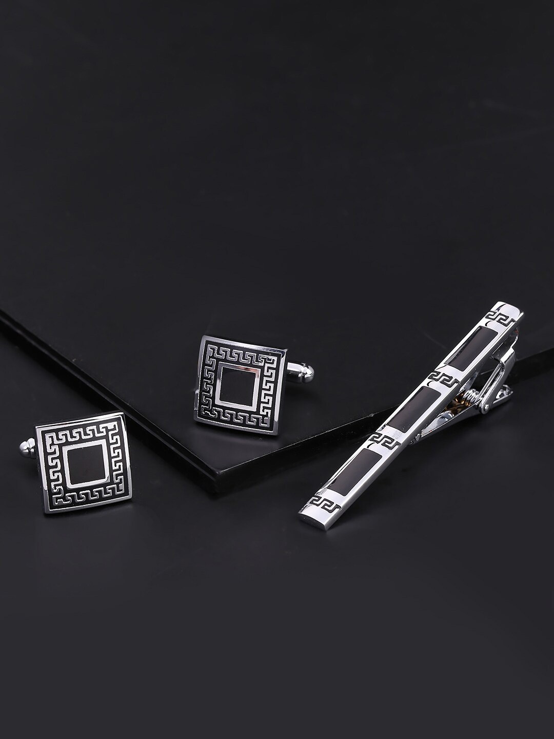 Yellow Chimes Silver & Black Geometric Cufflinks & Tie Pin