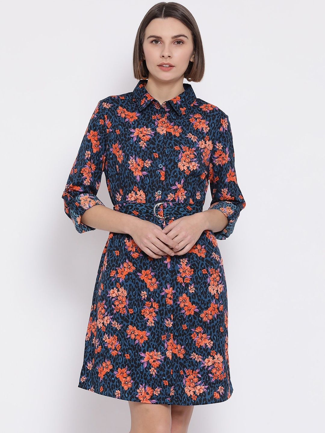 

Oxolloxo Women Navy Blue Printed Shirt Dress