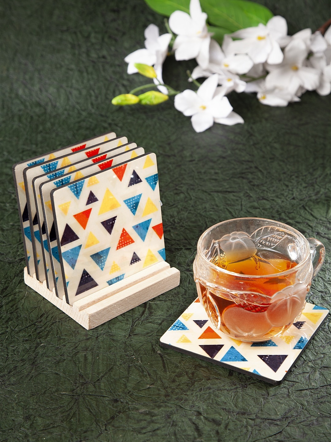 

Alina decor Set of 4 Beige & Yellow Digital Printed Coasters With Wooden Stand