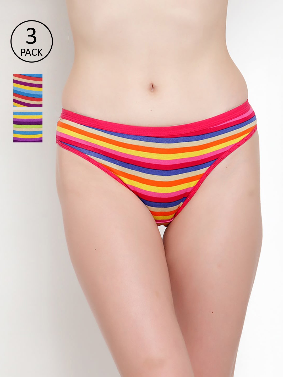 Innocence Women Pack Of 3 Striped Briefs BBAPLIN90280_XS, Pink