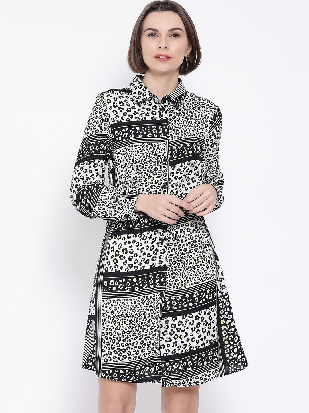 

Oxolloxo Women Black & White Animal Printed Shirt Dress