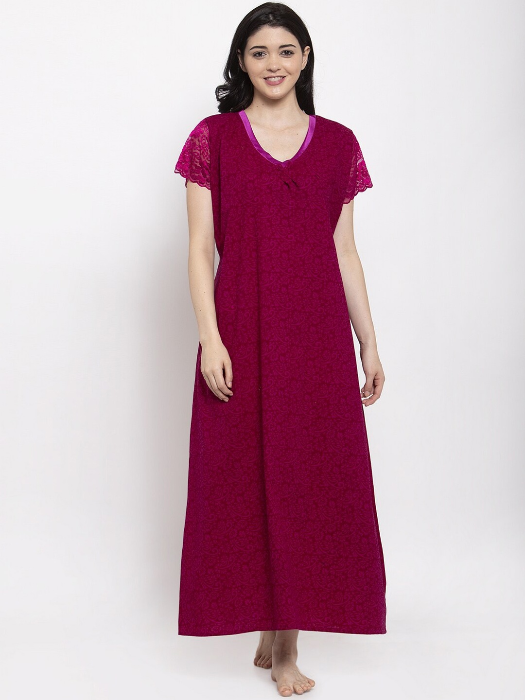 Secret Wish Maroon & Pink Floral Print Nightdress