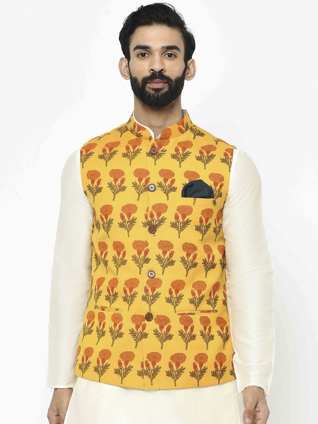 KISAH Men Mustard Yellow & Orange Printed Nehru Jacket