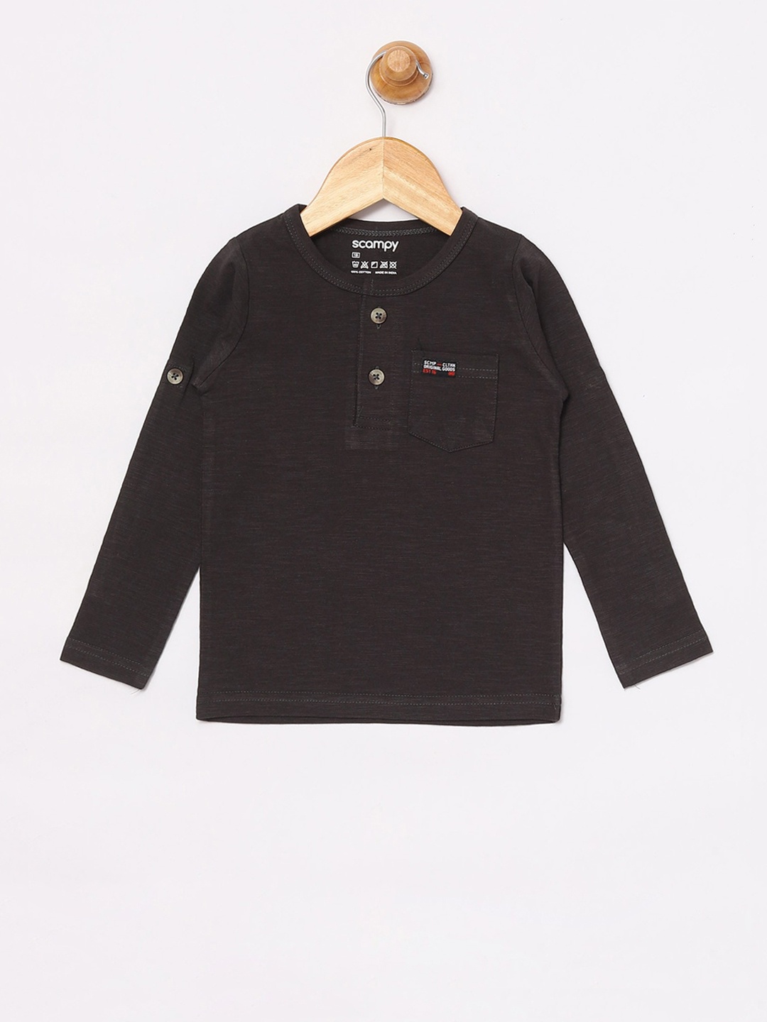 

SCAMPY Boys Black Solid Henley Neck T-shirt