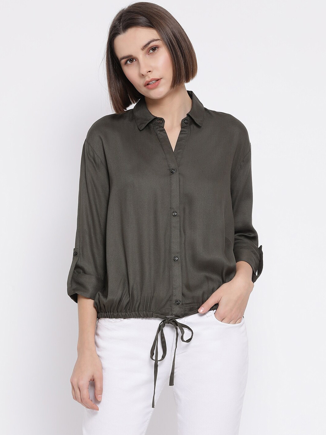

Oxolloxo Women Olive Green Regular Fit Solid Casual Shirt