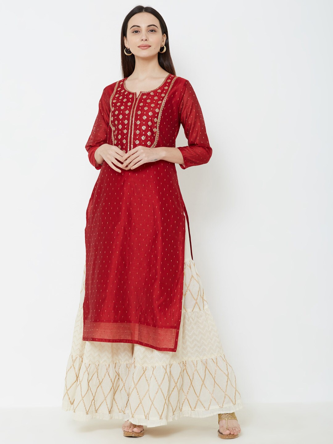 

FASHOR Women Red & White Yoke Design A-Line Kurta