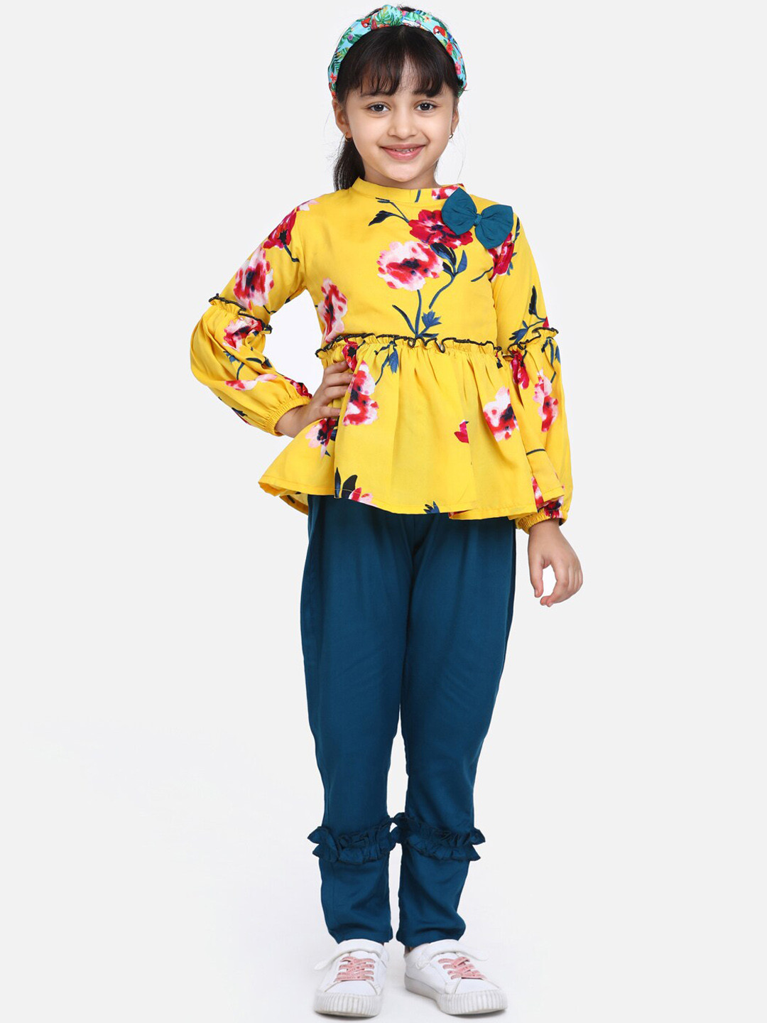 

Cutiekins Girls Yellow & Teal Blue Printed Top with Trousers