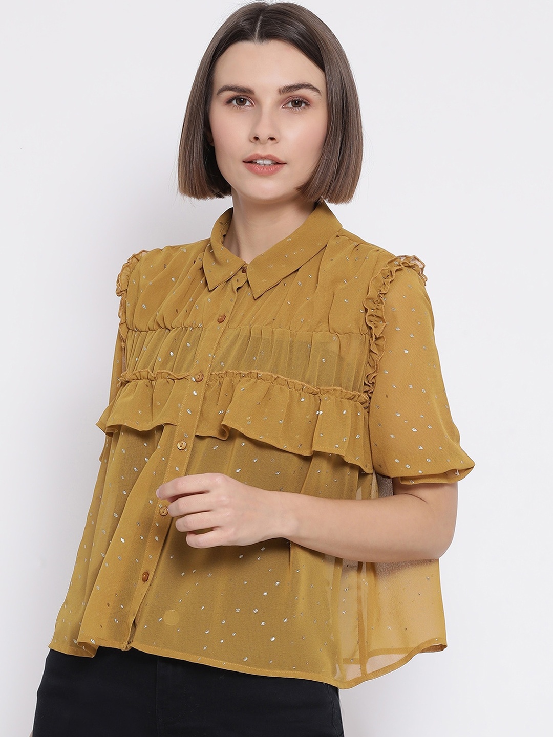 

Oxolloxo Women Mustard Yellow Regular Fit Solid Ruffle Casual Shirt