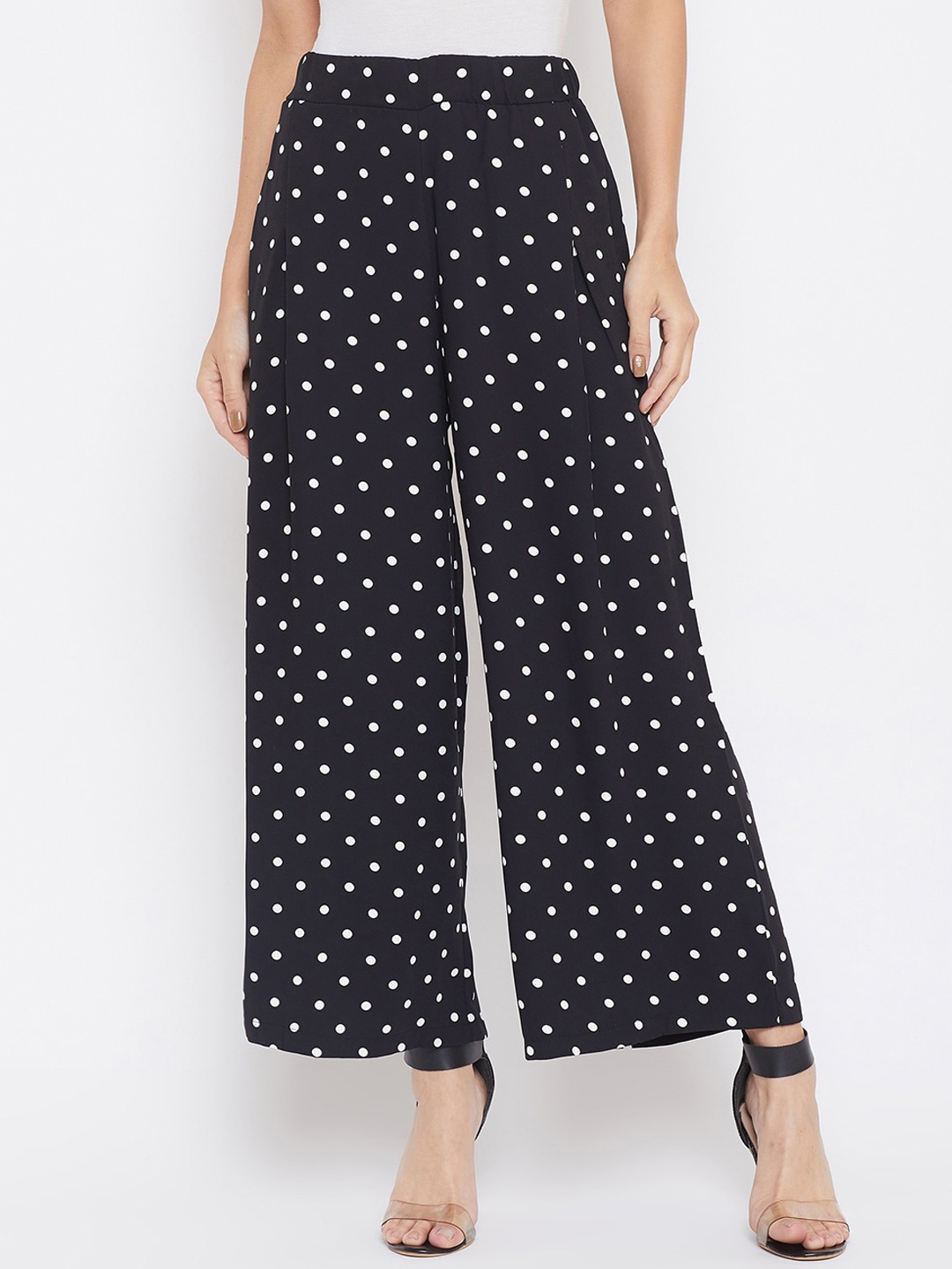 

Crimsoune Club Women Black & White Relaxed Polka Dots Printed Parallel Trousers