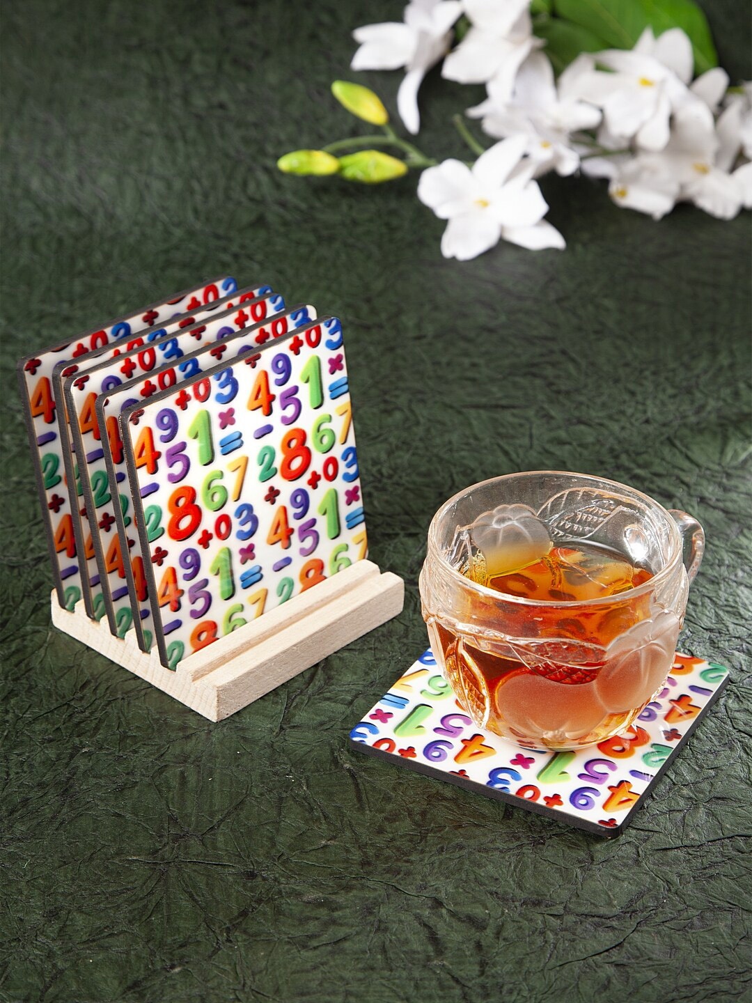 

Alina decor Set of 6 Multicolored Digital Printed Coasters With Wooden Stand, White