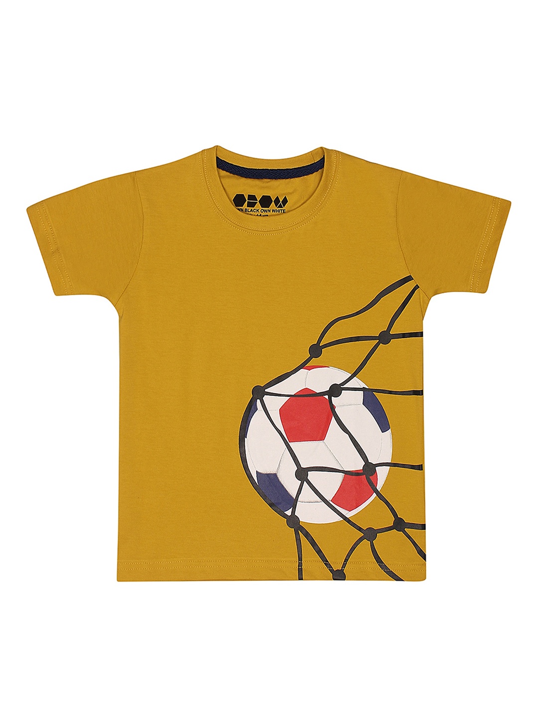 

OBOW Boys Mustard Yelow Printed Bio Finish Round Neck Pure Cotton T-shirt
