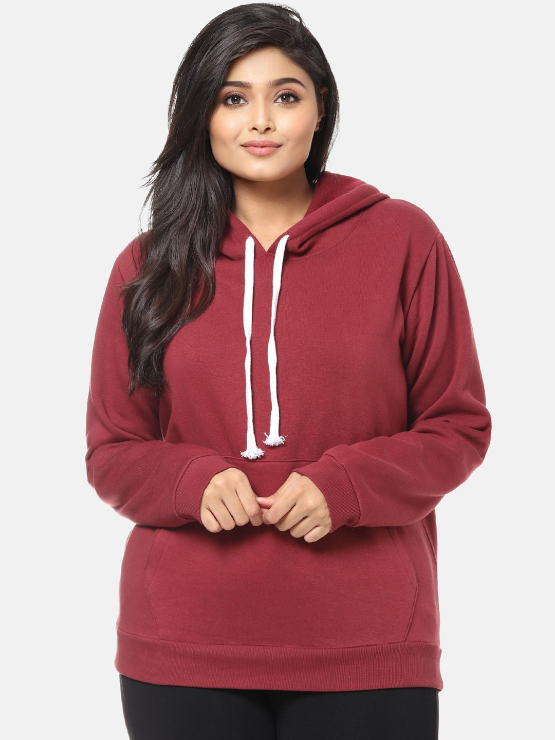 

Instafab Plus Women Maroon Solid Hooded Sweatshirt