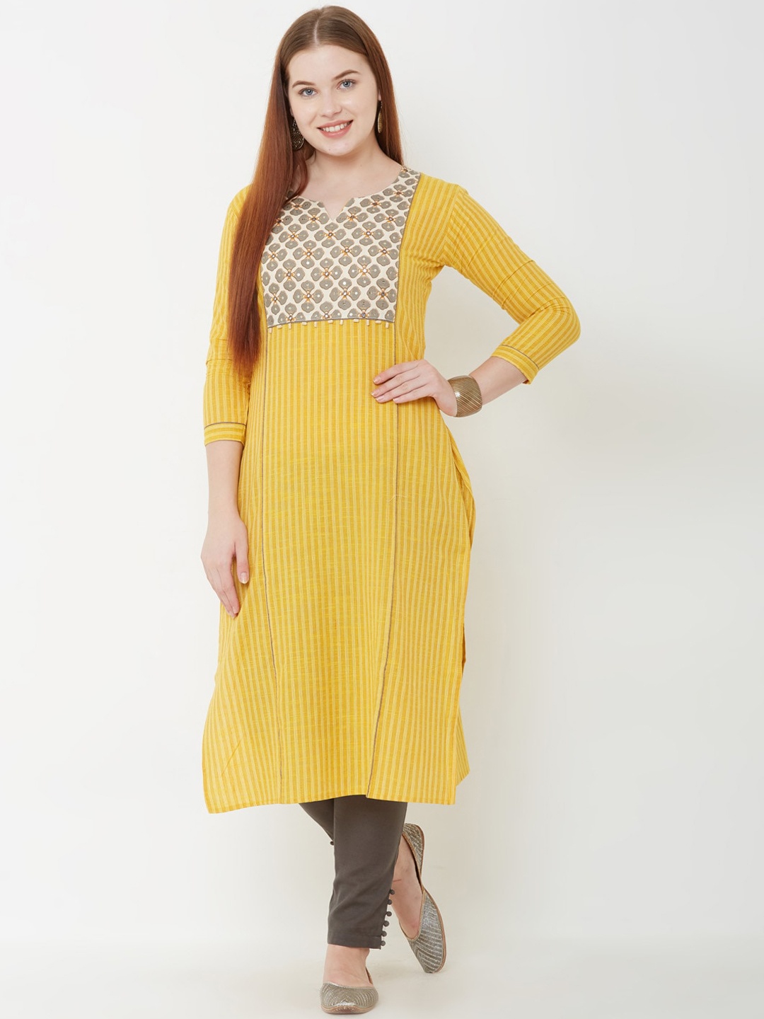 

FASHOR Women Mustard Yellow Striped Floral Print Beaded A-Line Kurta