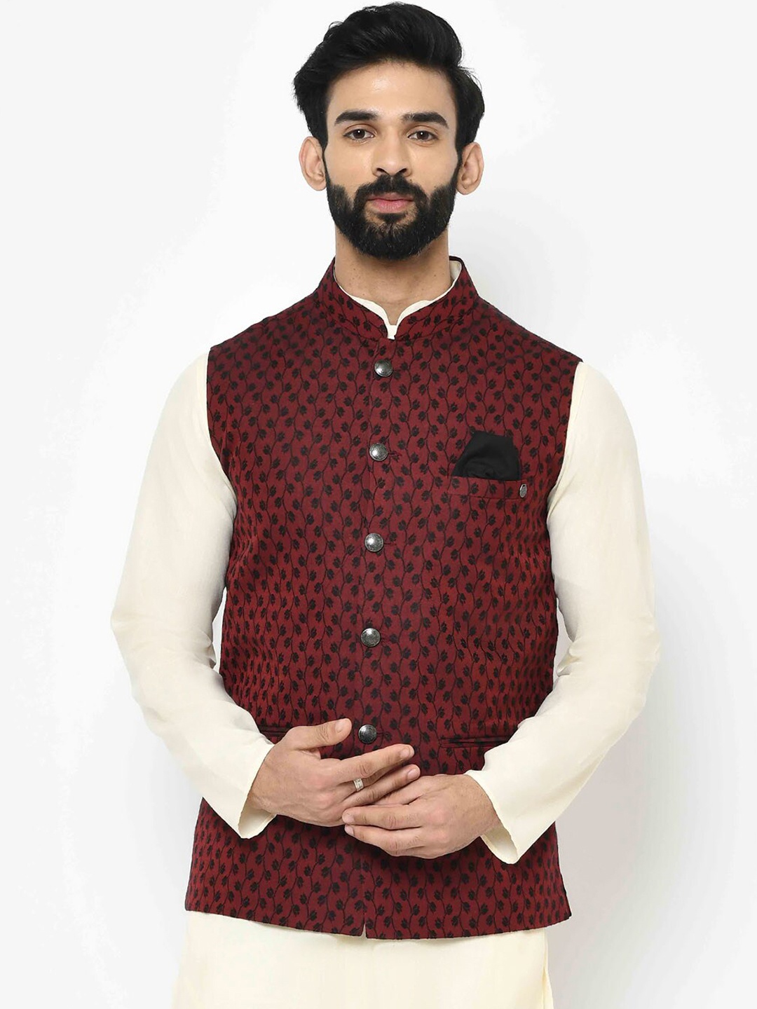 

KISAH Men Maroon & Black Woven Design Nehru Jacket