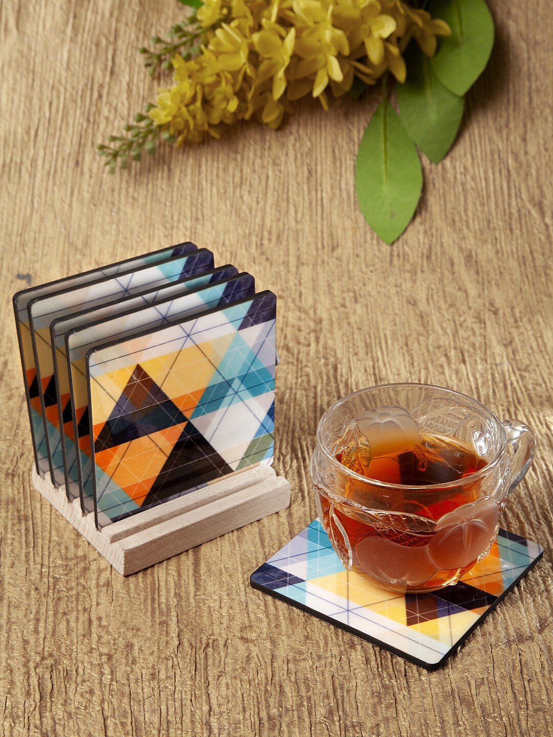 

Alina decor Set Of 6 Blue & Yellow Digital Printed Wooden Square Coasters With Stand
