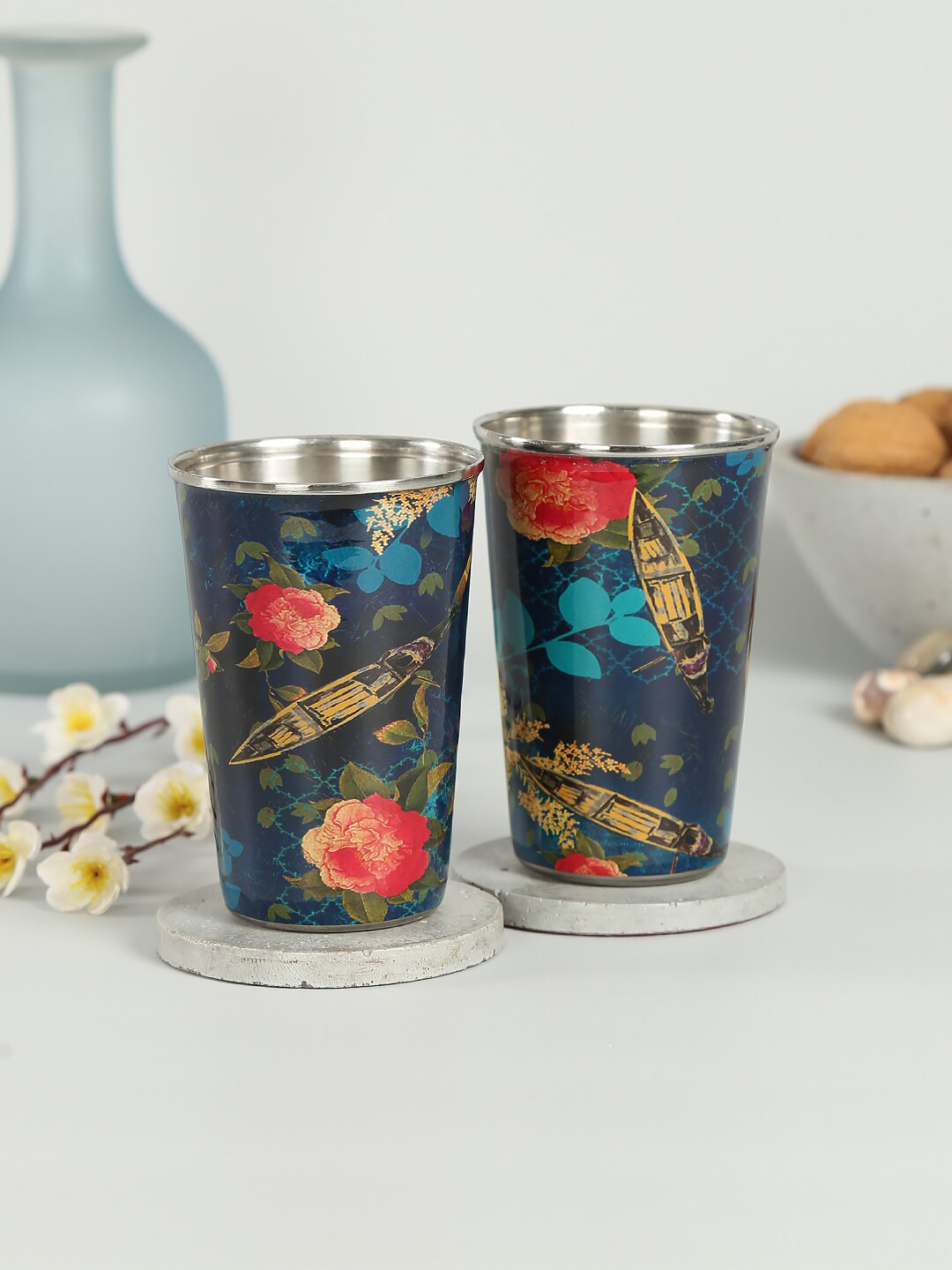 

India Circus by Krsnaa Mehta Navy Blue Set of 2 Printed Steel Tumbler