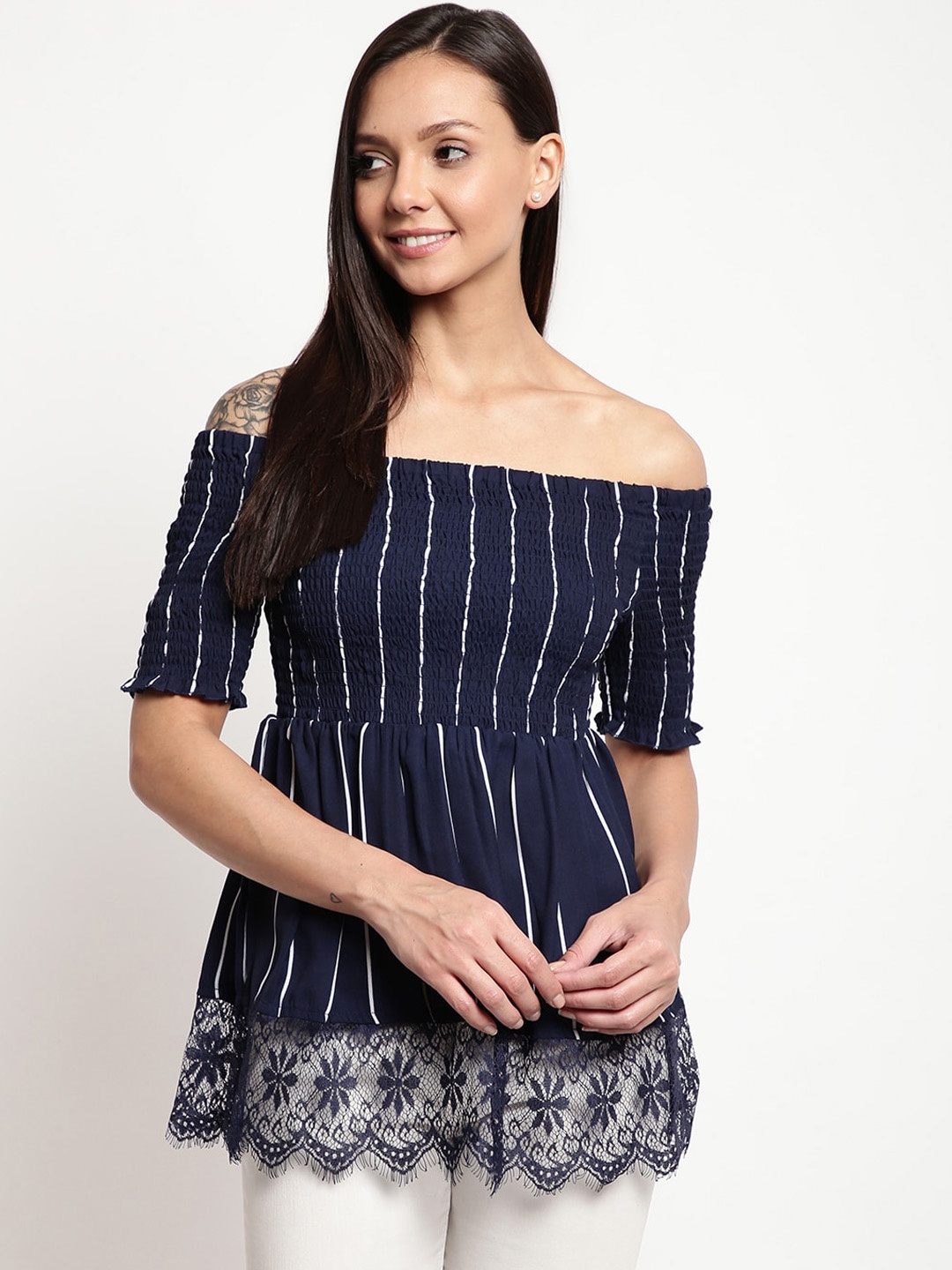 

Mayra Women Blue Striped Bardot Top