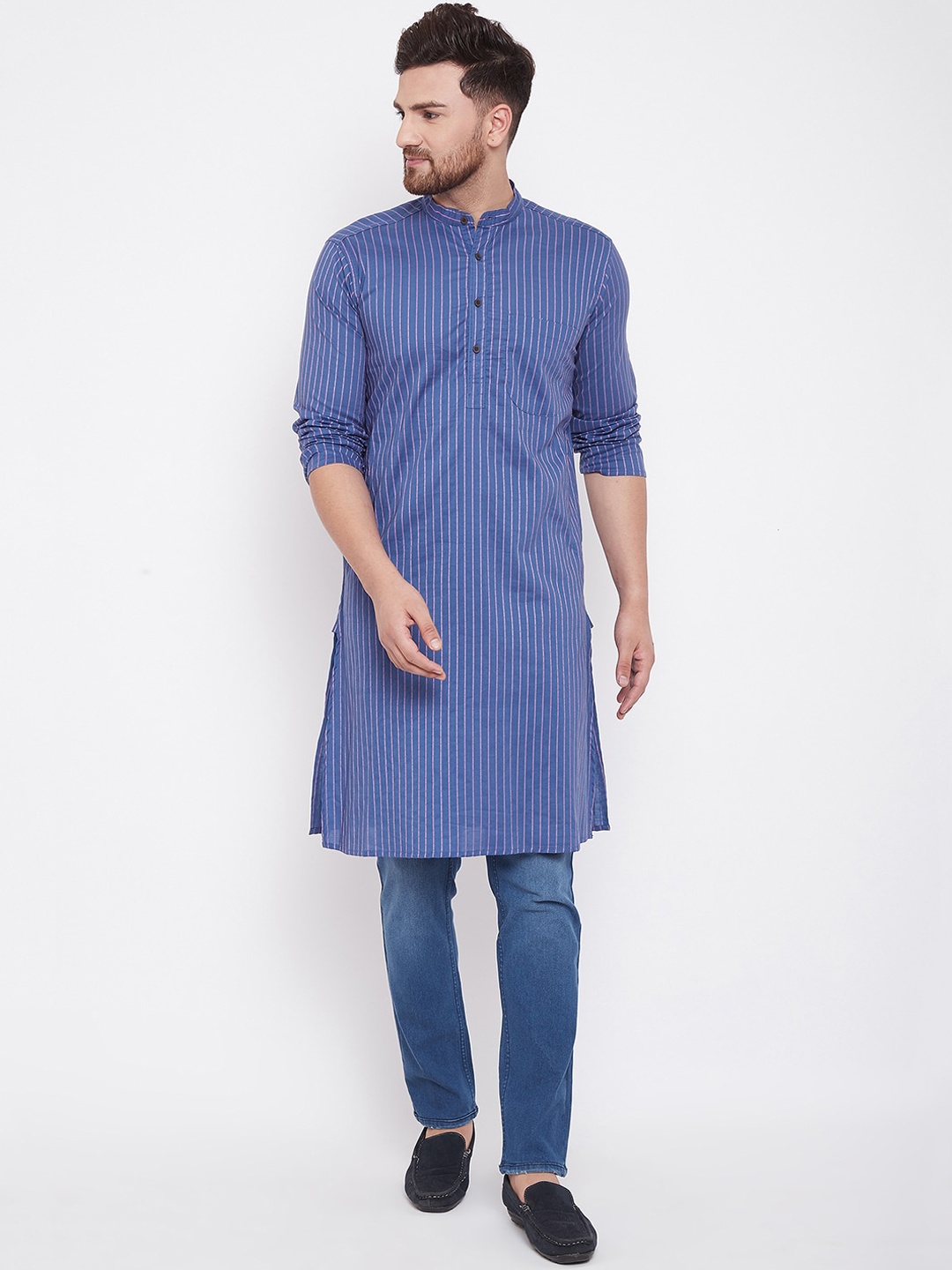 even Men Blue Striped A-Line Kurta
