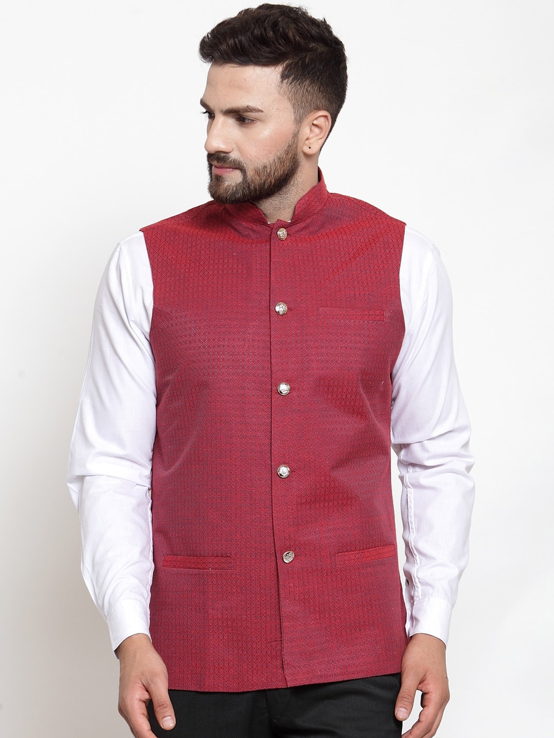 

Jompers Men Maroon Woven Design Nehru Jacket
