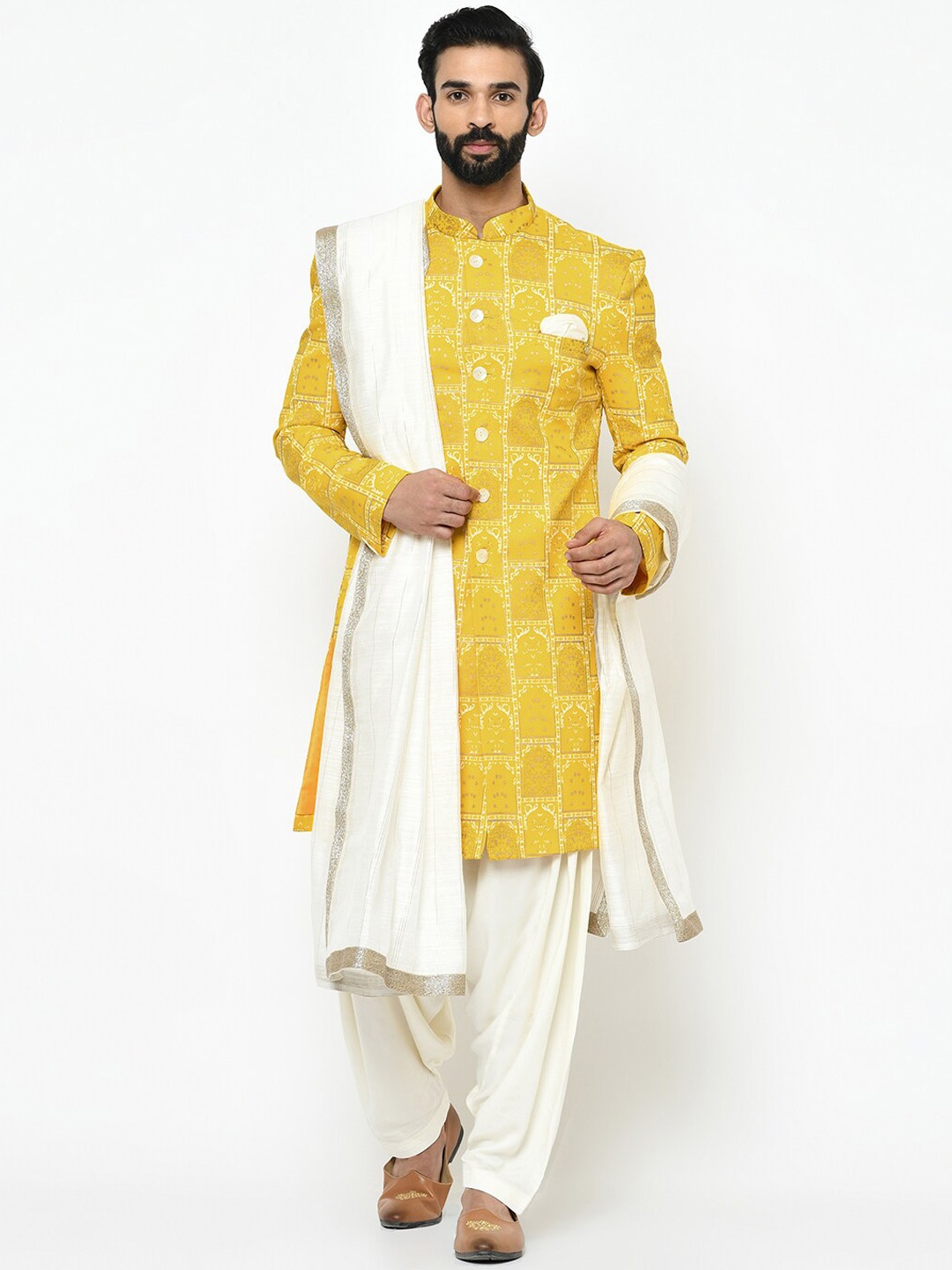 

KISAH Men Yellow & White Sherwani Dupatta Set