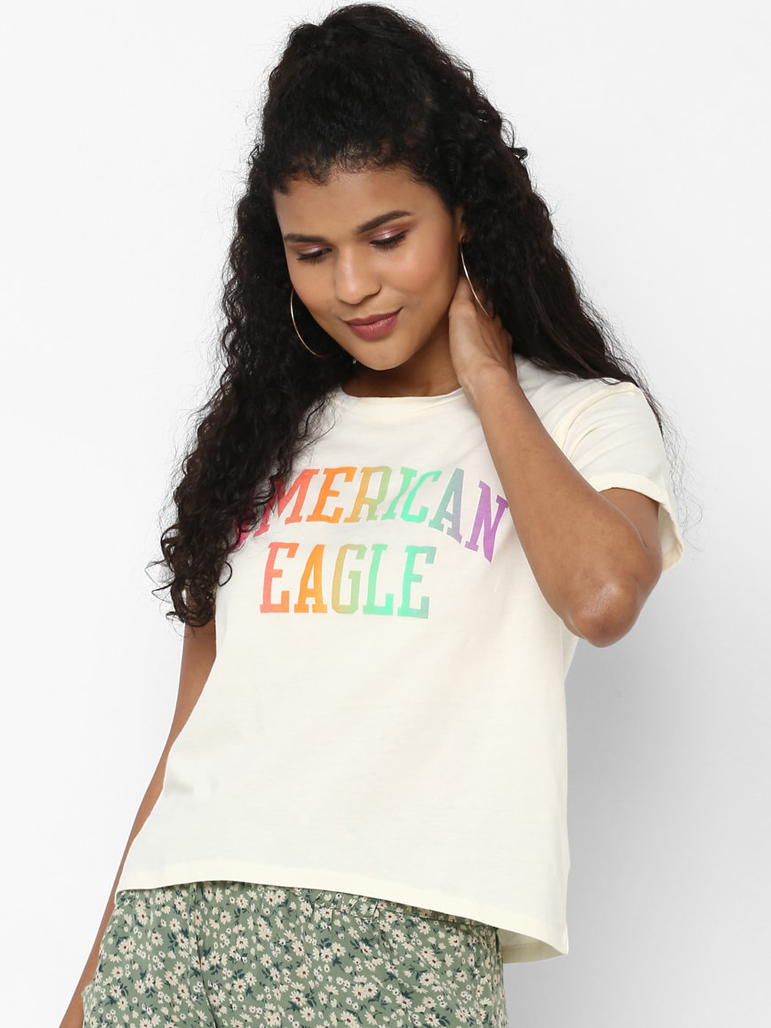 

AMERICAN EAGLE OUTFITTERS Women White Printed Round Neck T-shirt