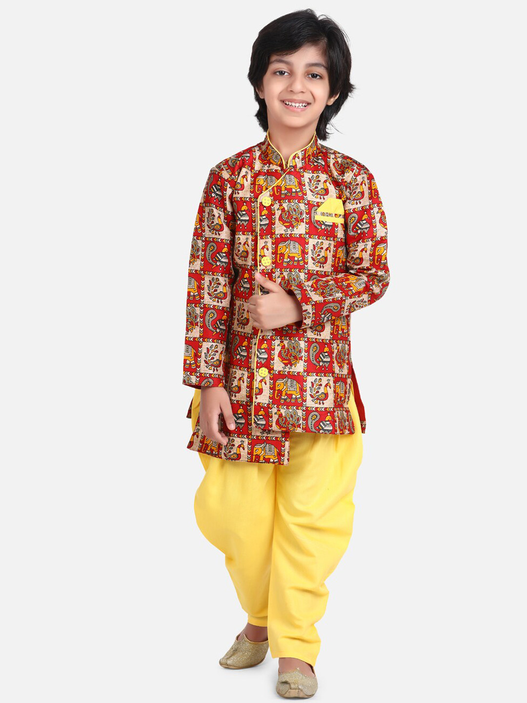 

BownBee Boys Yellow & Red Printed Sherwani Set