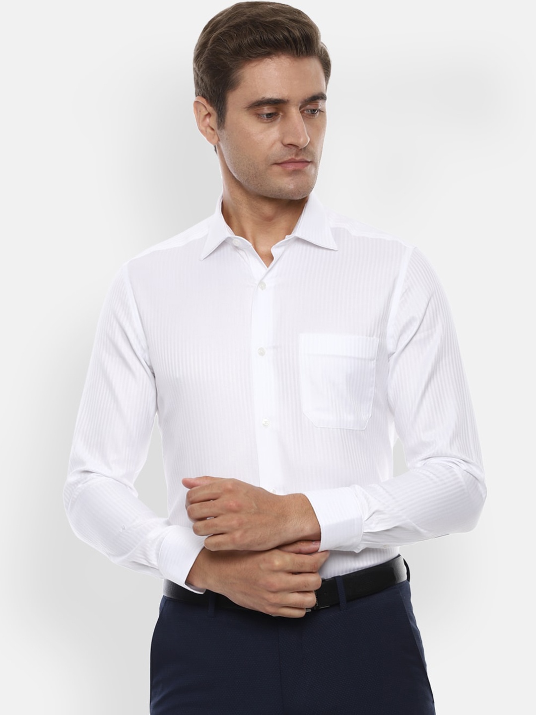 Louis Philippe Men White Slim Fit Striped Formal Shirt