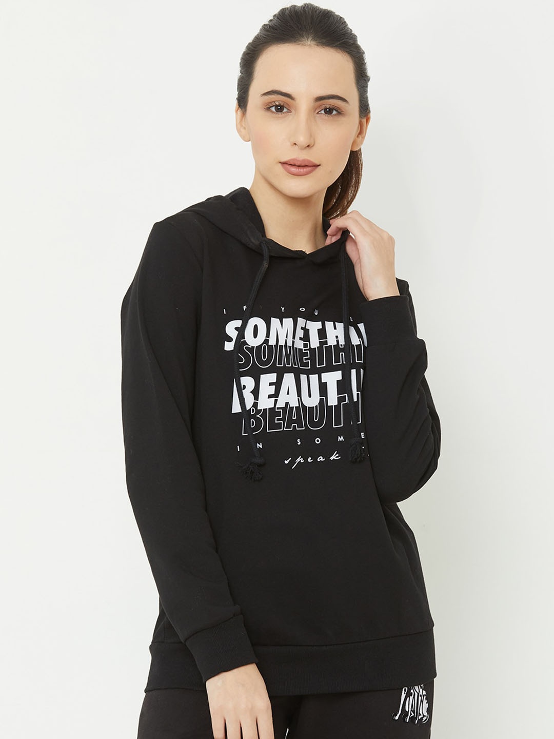 

Sweet Dreams Women Black Printed Hooded Sweatshirt