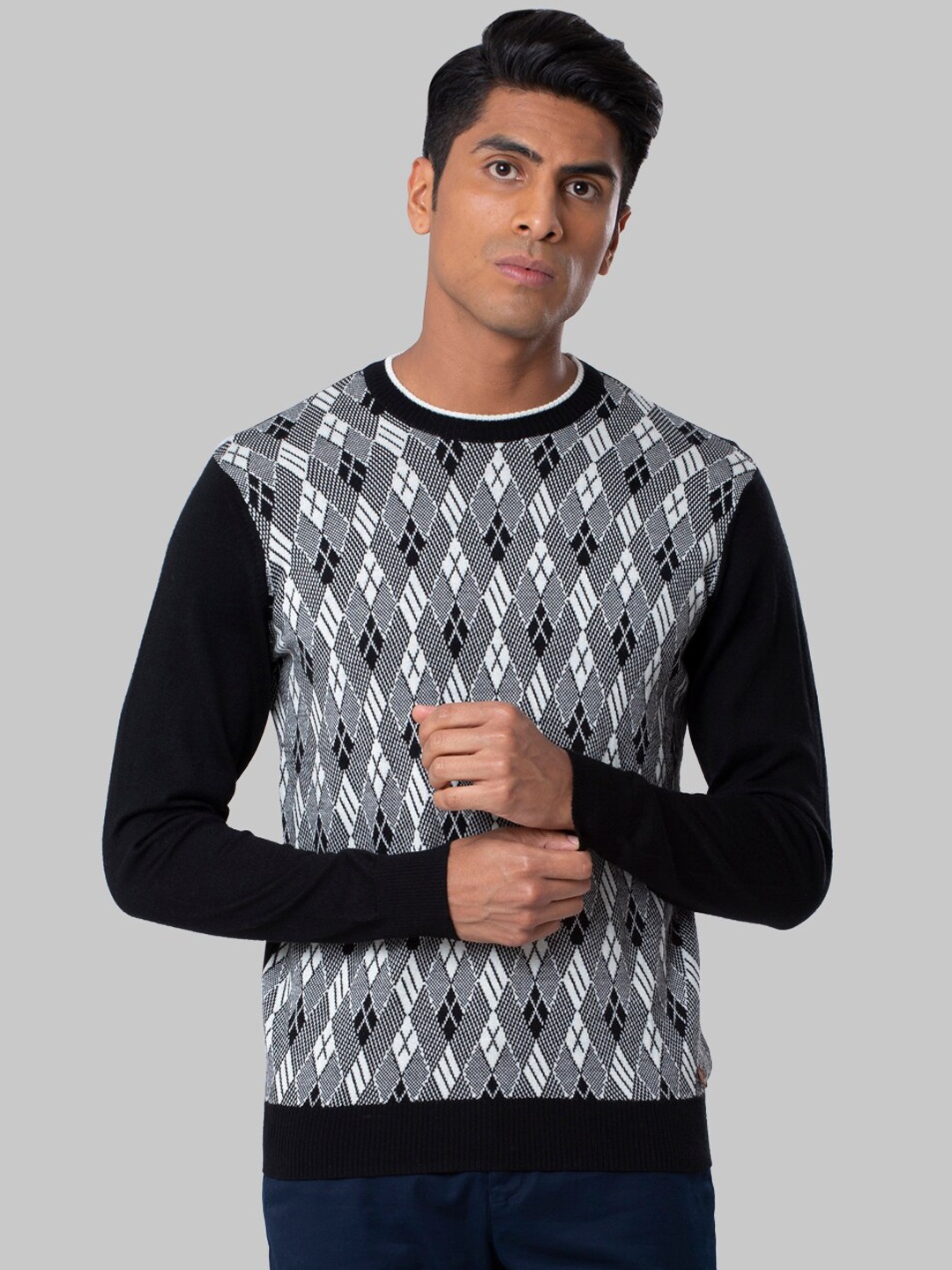 

Raymond Men Black & White Self Design Pullover Sweater