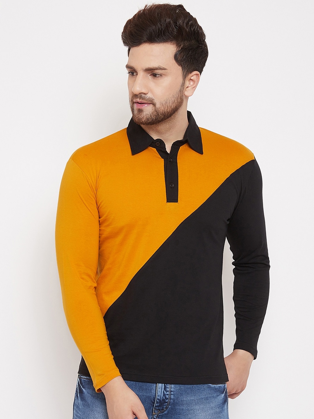 

Hypernation Men Mustard Yellow Black Colourblocked Polo Collar Pure Cotton T-shirt